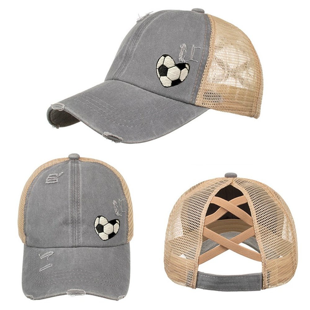 NEW Embroidered Soccer Heart Gray Distressed High Ponytail Trucker Hat